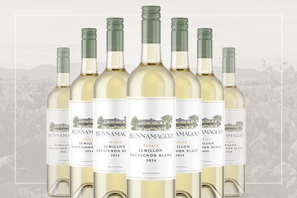 Seven bottles of Bunnamagoo Semillon Sauvignon Blanc arrange in V shape 