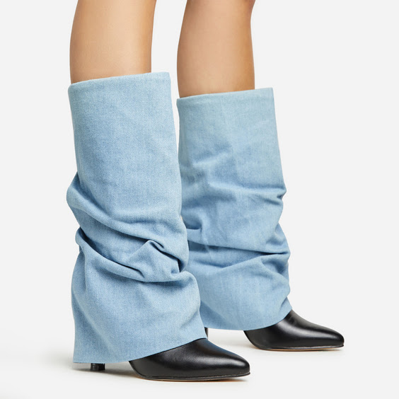 Parallel Pointed Toe Light Blue Denim Contrast Slouch Detail Block Heel Mid Calf Boot In Black Faux Leather