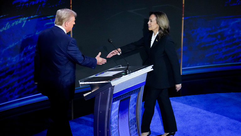 Vice President Kamala Harris, right, and former US President Donald Trump shake hands during the second presidential debate at the Pennsylvania Convention Center in Philadelphia, Pennsylvania, US, on Tuesday, Sept. 10, 2024. Photographer: Doug Mills/The New York Time/Bloomberg via Getty Images Getty Images