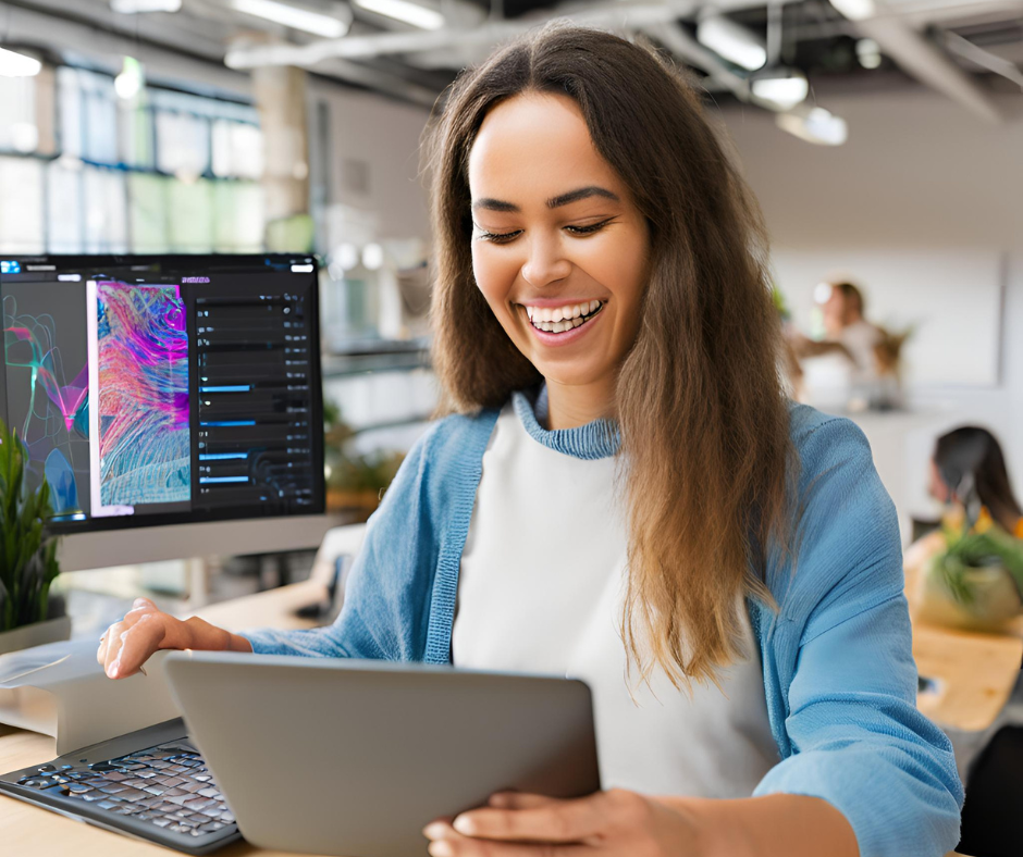 タブレットを見ながら仕事をしている笑顔の女性イメージ_Canvaの生成AIで作成した画像