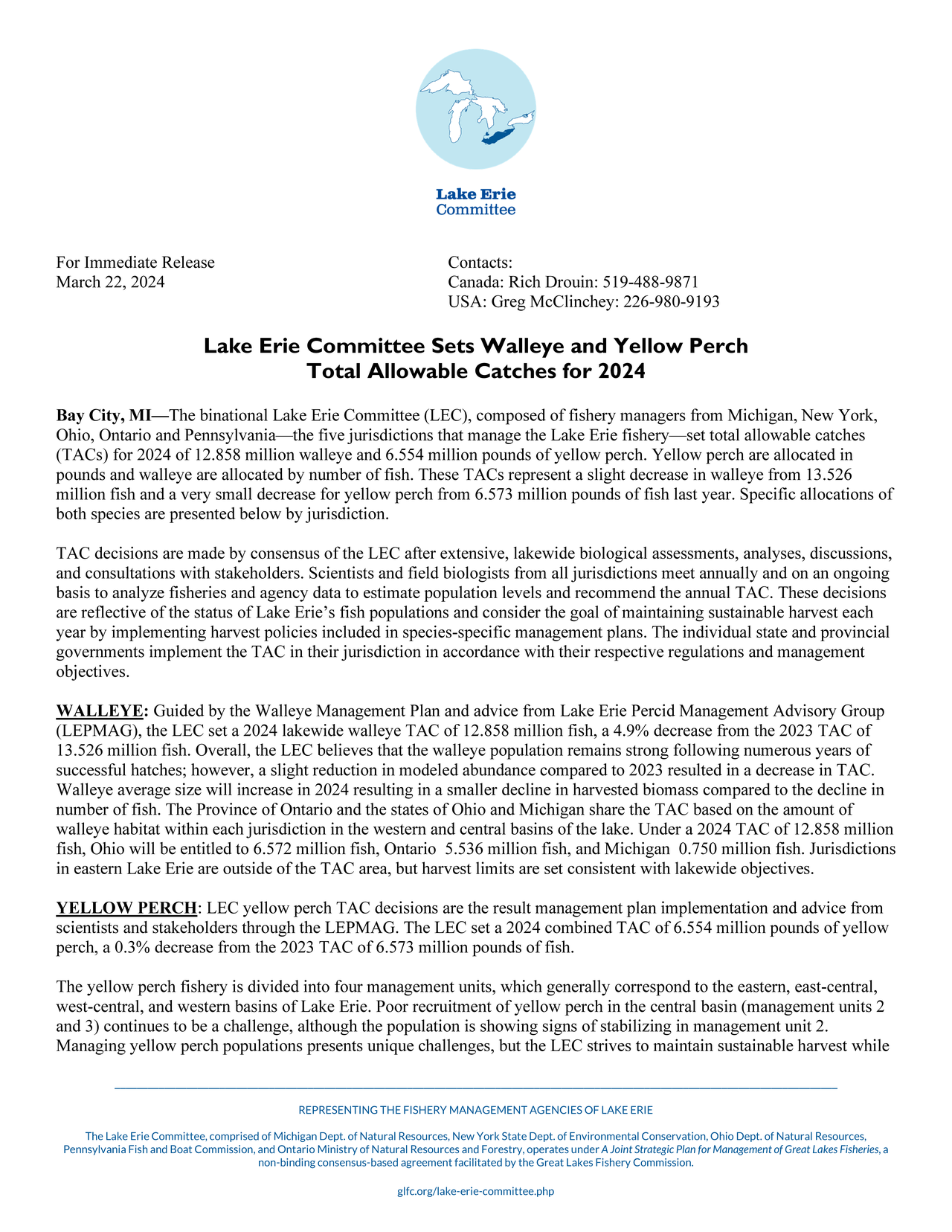 Page 1 of 2 page press release on the Lake Erie Committee letterhead; white Great Lakes emblem outlined in dark blue surrounded by light blue circle with Lake Erie filled in dark blue.