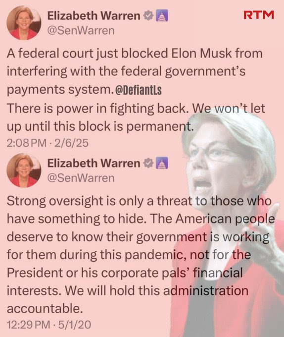 Hypocrites Liz Warren for promoting strong oversight then condemning it when employed by Trump.