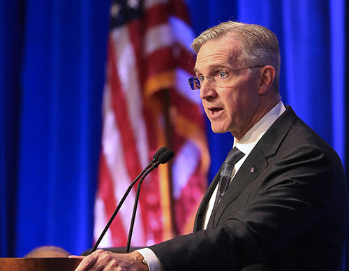 Supreme Knight Patrick Kelly speaks at the Fall Plenary Assembly of the United States Conference of Catholic Bishops in Baltimore on Nov. 13. (OSV News/Bob Roller)