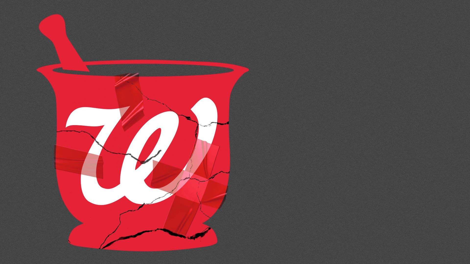 Illustration of tape over a cracked Walgreens mortar and pestle logo.