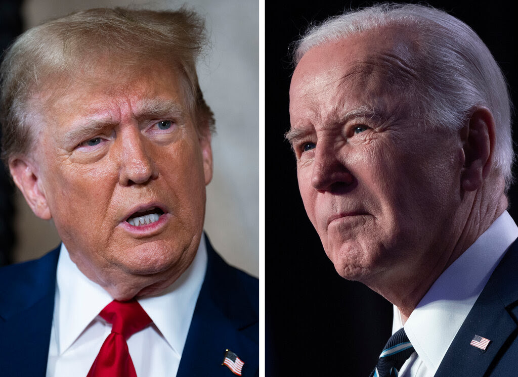 Portraits of Donald Trump, left, and President Biden. They are both wearing dark suits with white shirts and American flag lapel pins.
