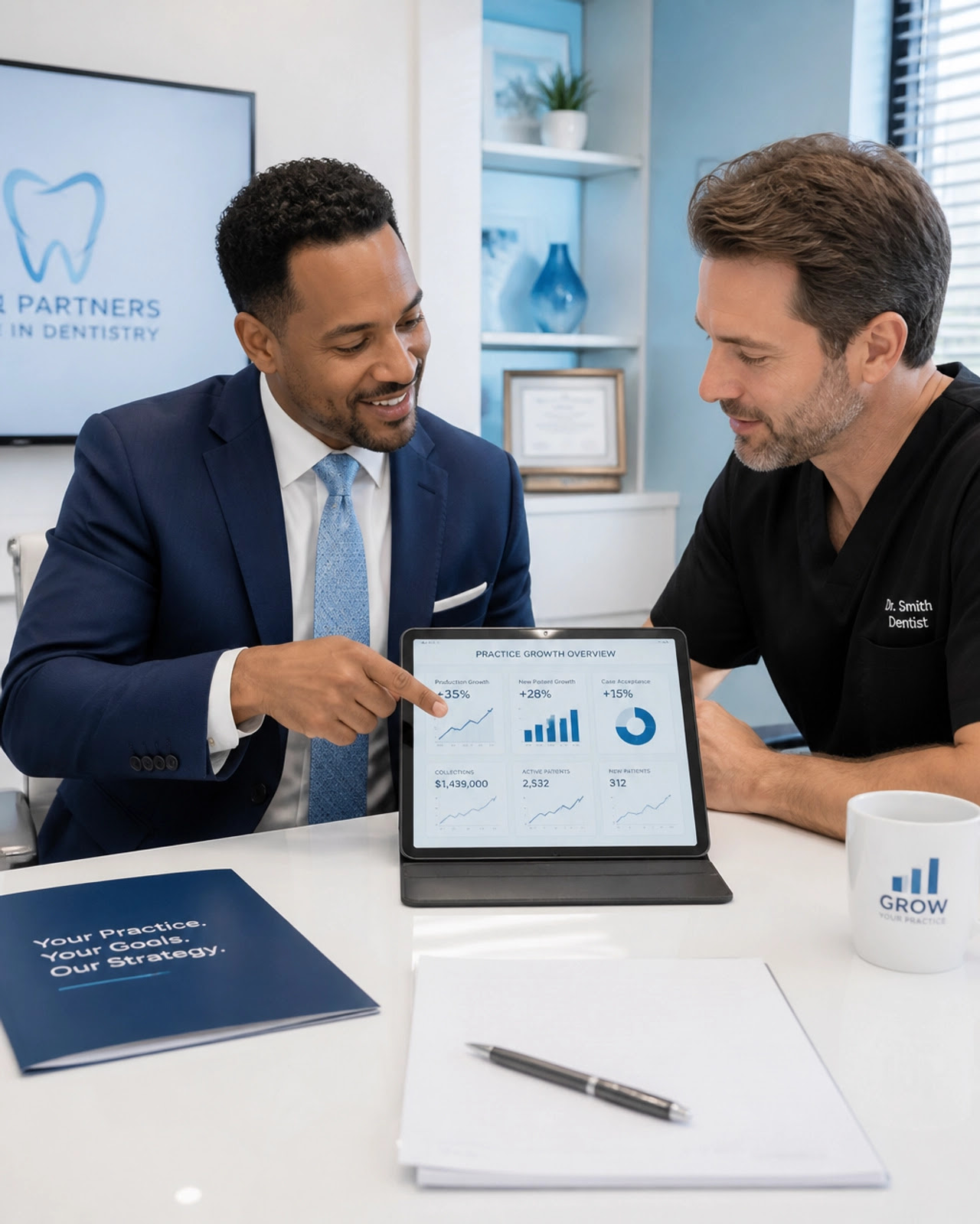 A professional consultant and a dentist looking at growth charts together, representing empowerment A professional consultant and a dentist looking at growth charts together, representing empowerment