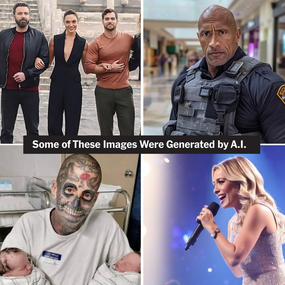 Four photos of different people arranged in a grid. The grid is overlaid with text saying “Some of These Images Were Generated by A.I.”