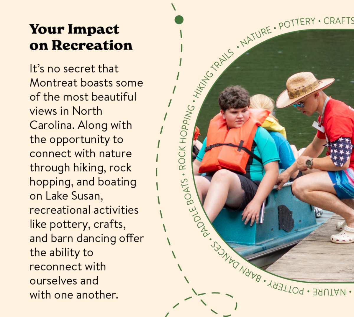 Your Impact on Recreation - It’s no secret that Montreat boasts some of the most beautiful views in North Carolina. Along with the opportunity to connect with nature through hiking, rock hopping, and boating on Lake Susan, recreational activities like pottery, crafts, and barn dancing offer the ability to reconnect with ourselves and with one another.  