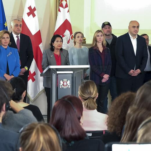 In this photo taken from video, Georgian President Salome Zourabichvili, center, surrounded by opposition leaders speaks to the media after the parliamentary election in Tbilisi, Georgia, on Sunday, Oct. 27, 2024. (AP Photo/Kostya Manenkov)
Salome Zourabichvili