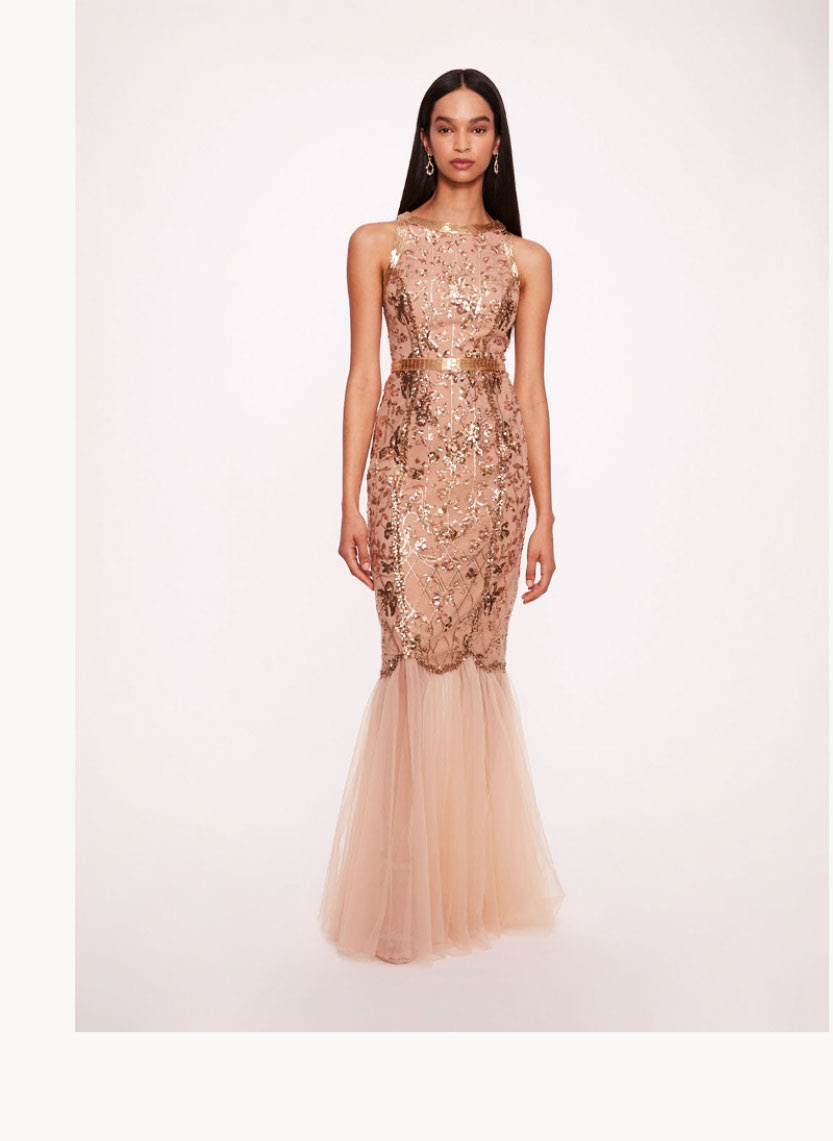Sequin Lattice Strapless Gown
