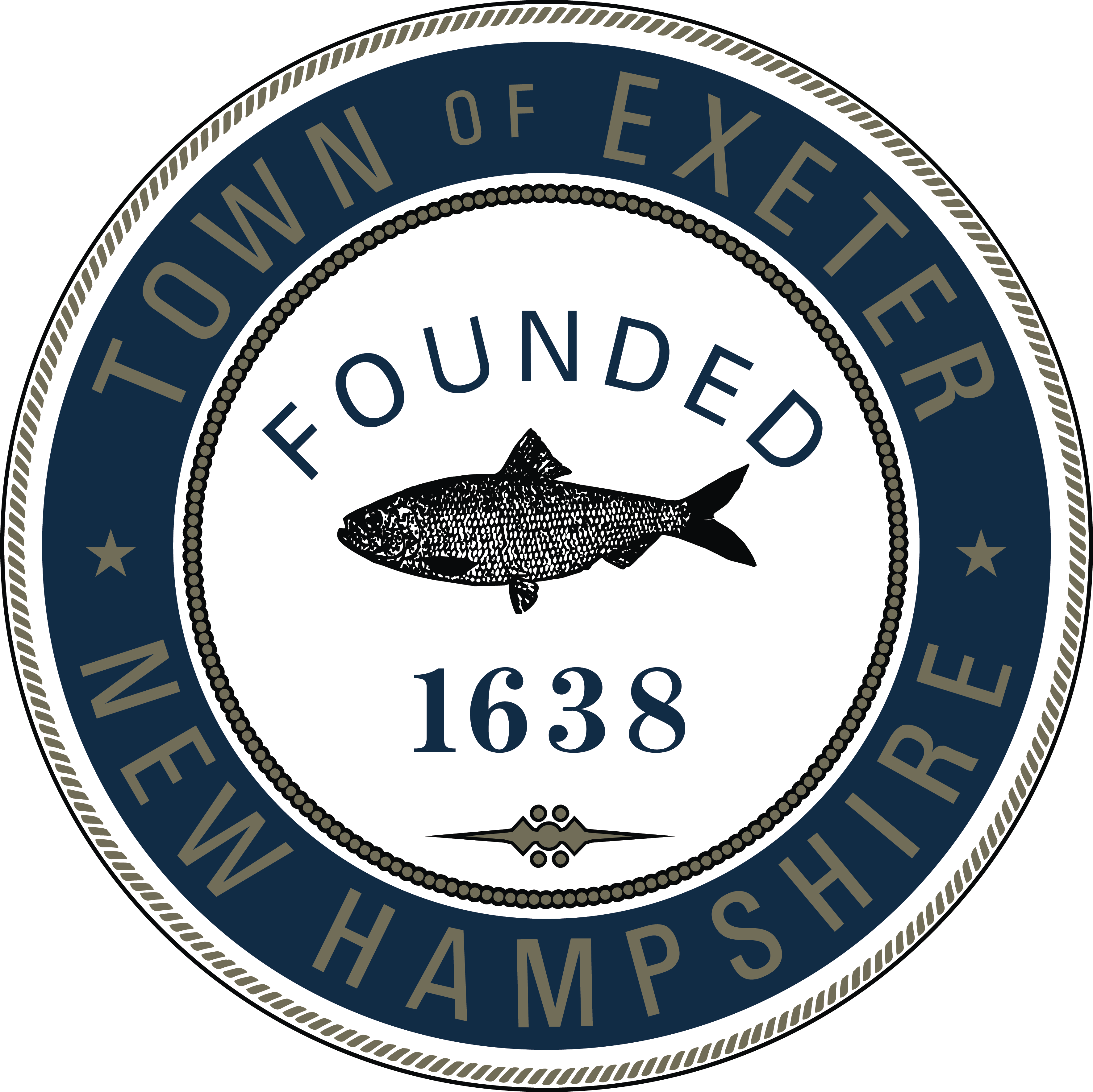Town Seal of Exeter, with blue outside circle and a grey fish in the center
