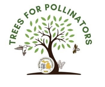 illustrated logo of a tree with oval, pointed leaves, the words Trees for Pollinators, and a hummingbird, butterfly and bee around the trunk