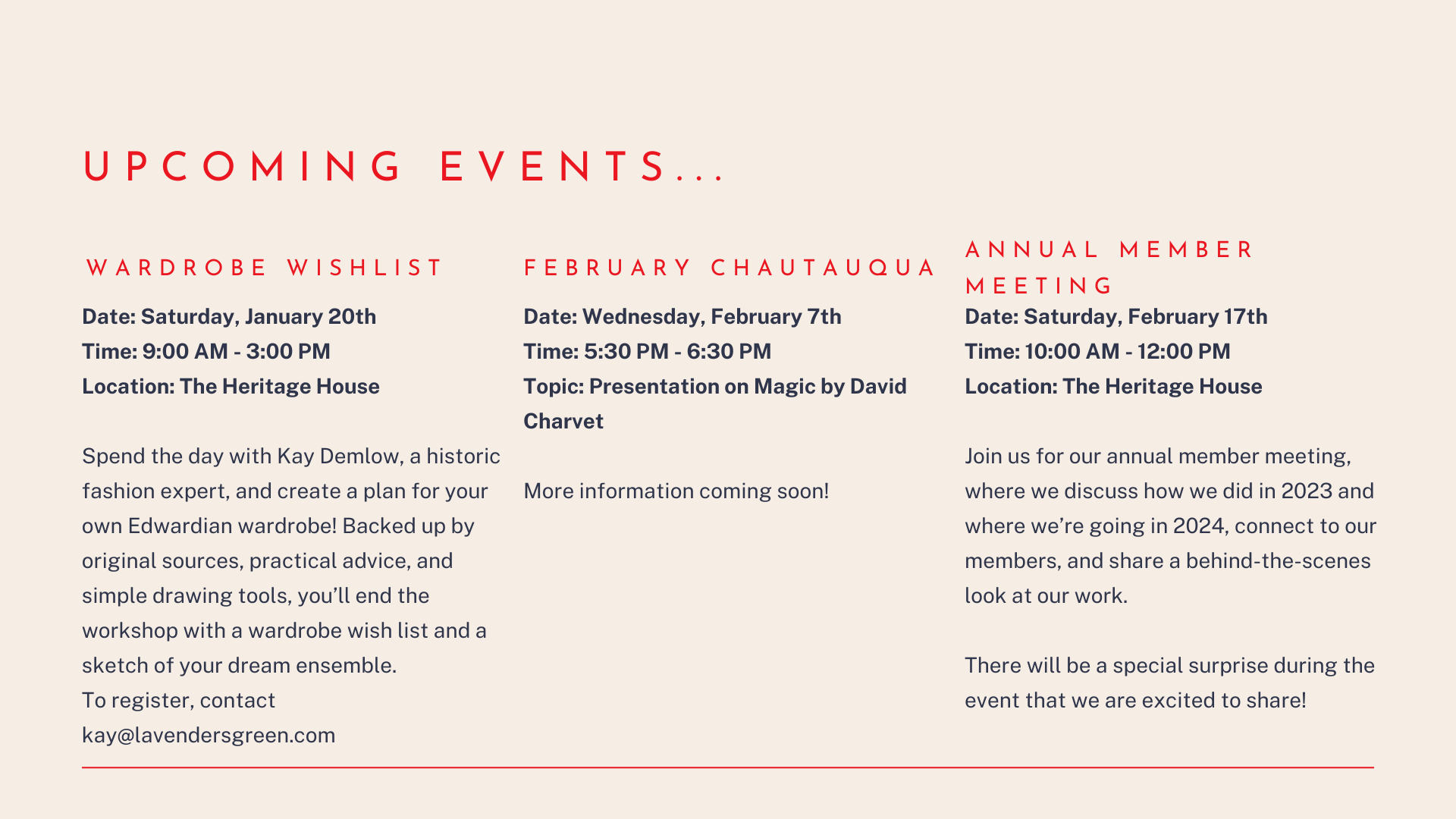 Upcoming Events include Wardrobe Wishlist, February Chautauqua, and Annual Member Meeting