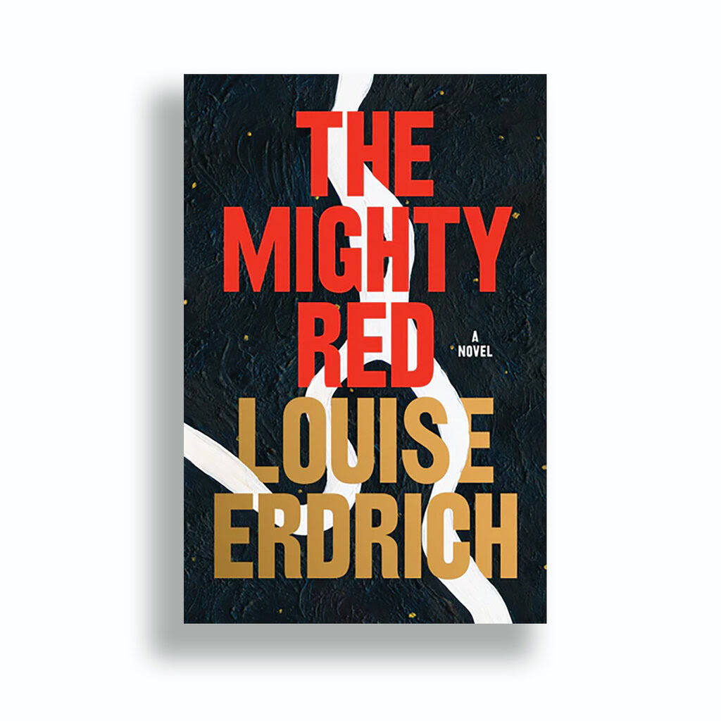 The cover of “The Mighty Red” is black, with the white outline of a branching river. Small gold dots fleck the black background.