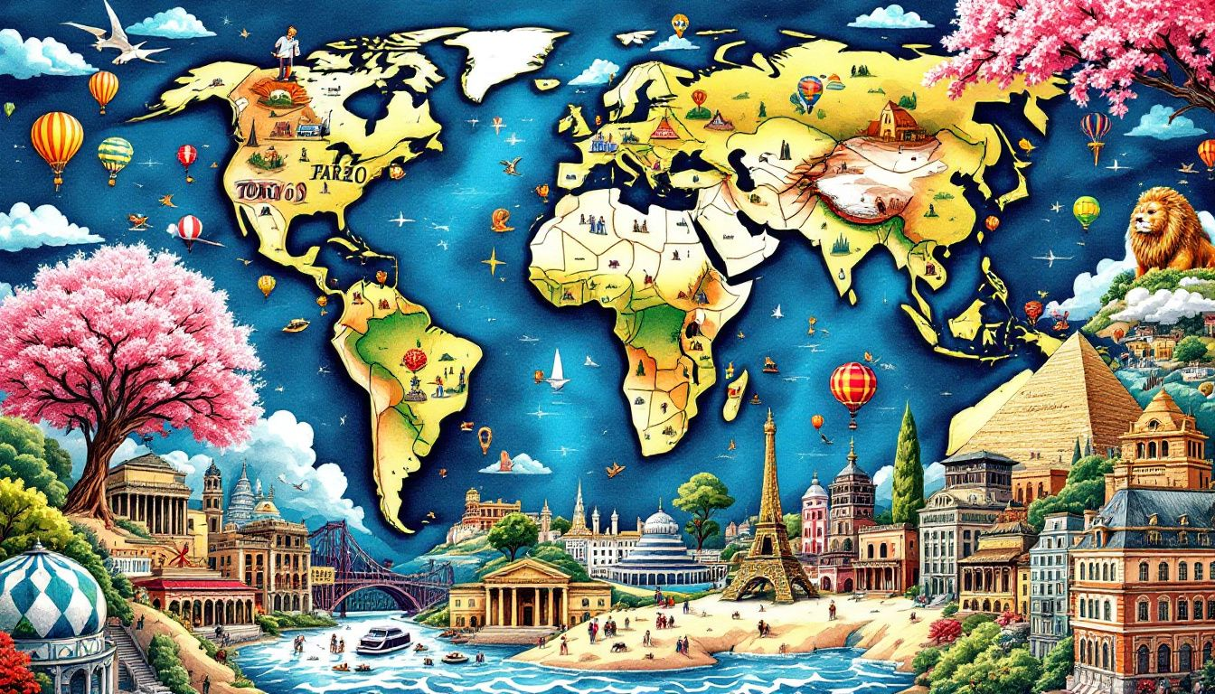 Une carte du monde avec des destinations populaires pour étudier à l'étranger.