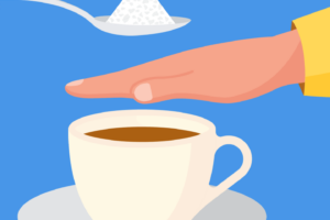 Illustration of a hand blocking sugar from coffee cup