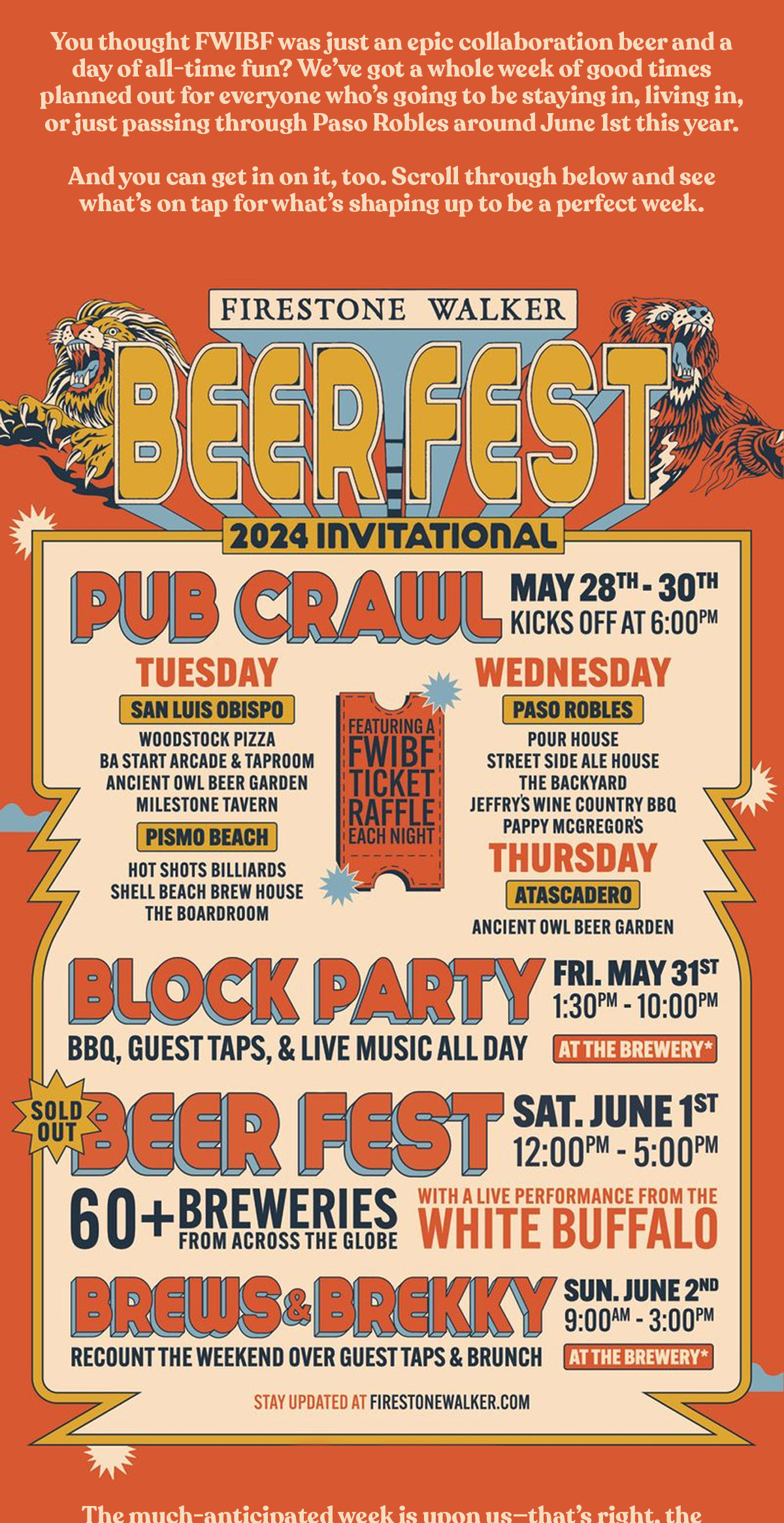 Paragraph reads, "The much-anticipated week is upon us—that’s right, the celebrations for Invitational 2024 are about to begin! We've got an exciting lineup ahead, starting with our daily Pub Crawl starting on Tuesday, May 28th, then our weekend kick-off with Block Fest on Friday May 31st, and so much more.   Whether you're a seasoned attendee or joining us for the first time, this year's Invitational is set to offer only the finest. Get all the details through the link below, and we hope to see all of you there!"