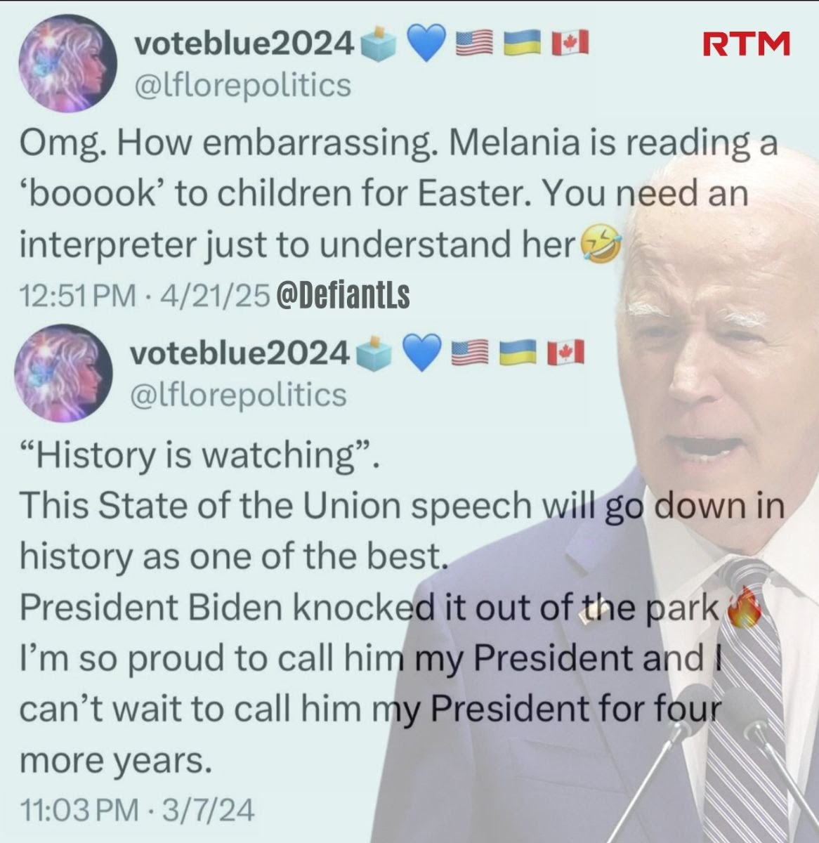Hypocrite lflorepolitics for complaining aou Melania's foreign accent wile promoting iden's mumbling as fabulous.