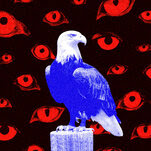 A photo illustration of a blue-tinted bald eagle against a background of multiple red-tinted eyes.