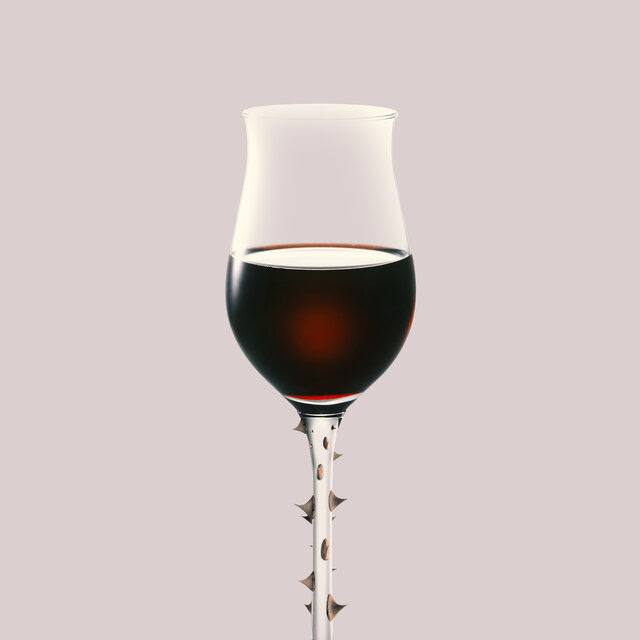 A photo illustration of a glass of wine with thorns on the stem.