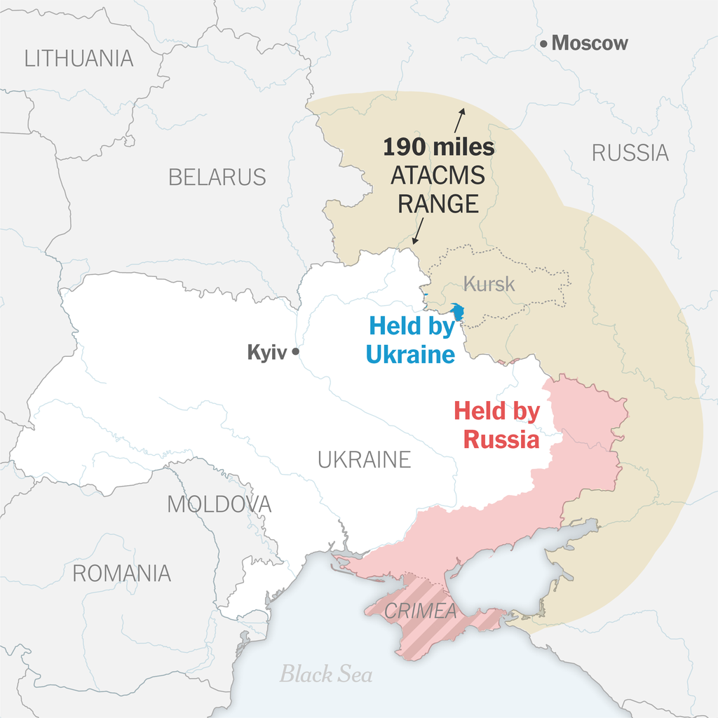 A map of Ukraine and the surrounding region shows the territory held by Russia and the territory held by Ukraine. The map also shows the range of the ATACMS missiles into Russia.