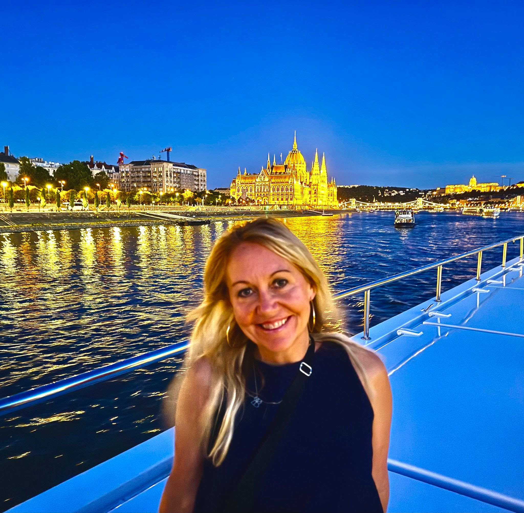 Real photo of a sunset view on deck aboard the AmaCello.