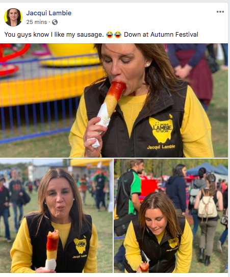 Australian politician sucking on a sausage in an unflattering manner.