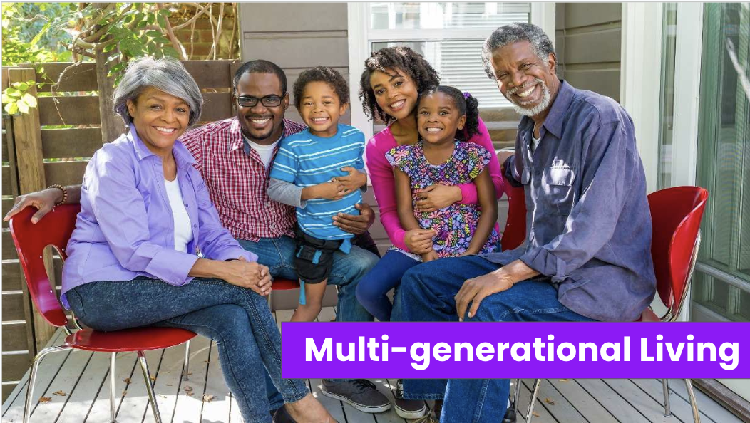 The image features three generations of a family of color smiling for the camera.