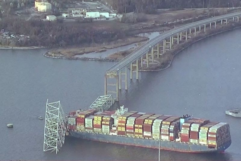 Photo of container ship locked in Baltimore harbor.
