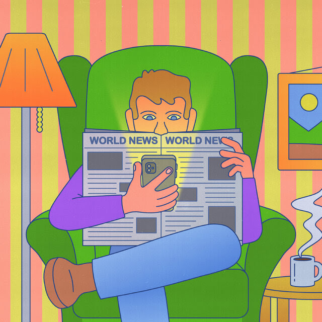 An illustration of a man sitting on a green chair reading a newspaper called “World News” as he looks at his phone behind it.