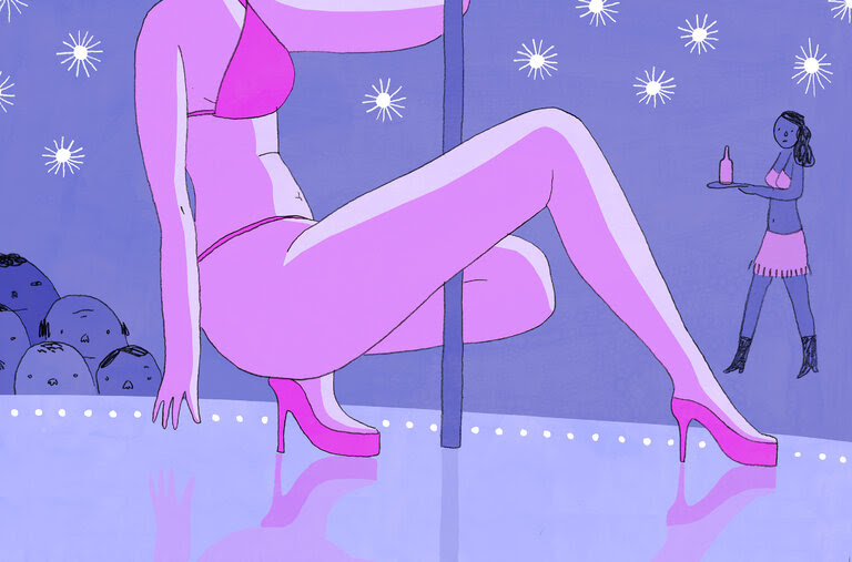 An illustration of a woman in high heels and a bikini holding on to a strippers' pole.