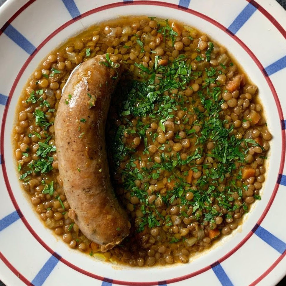 lentil stew and sausage bowl