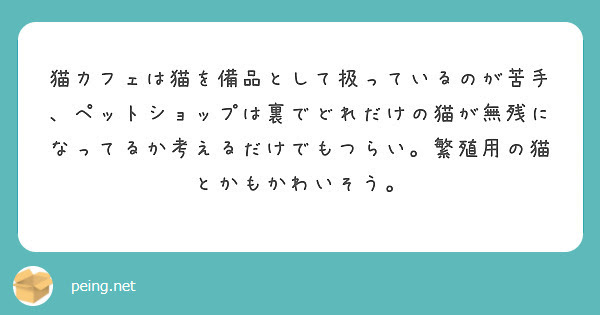 猫カフェは猫を備品として扱っているのが苦手、ペットショップは裏でどれだけの猫が無残になってるか考えるだけでもつらい。繁殖用の猫とかもかわいそう。