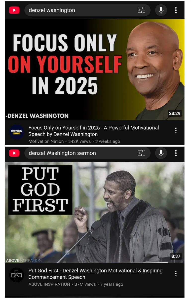 Hypocrite Denzel Washington for telling people to put god first one minte, then changing his mind.