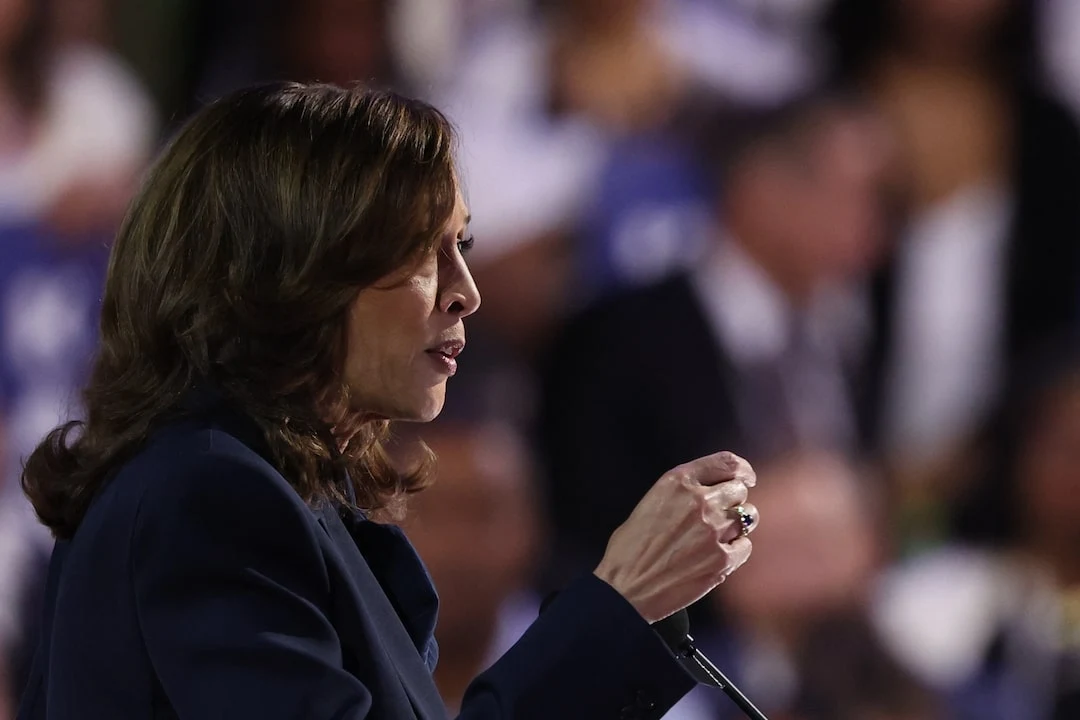 Kamala Harris seen in side profile speaking at the Democratic National Convention