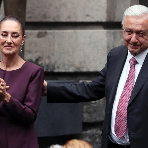 epa11624551 Mexican President Andres Manuel Lopez Obrador (R) and President-elec Claudia Sheinbaum attend an event at the Secretariat of Public Education in Mexico City, Mexico, 25 September 2024. EPA/Mario Guzman