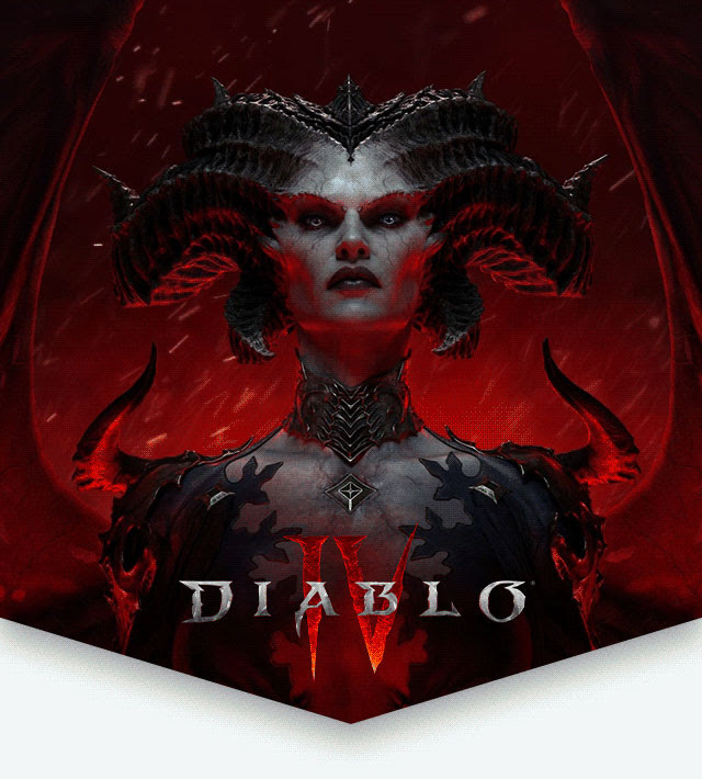 Key art for Diablo® IV featuring the horned demon Lilith scowling. Diablo® IV game logo overlay.