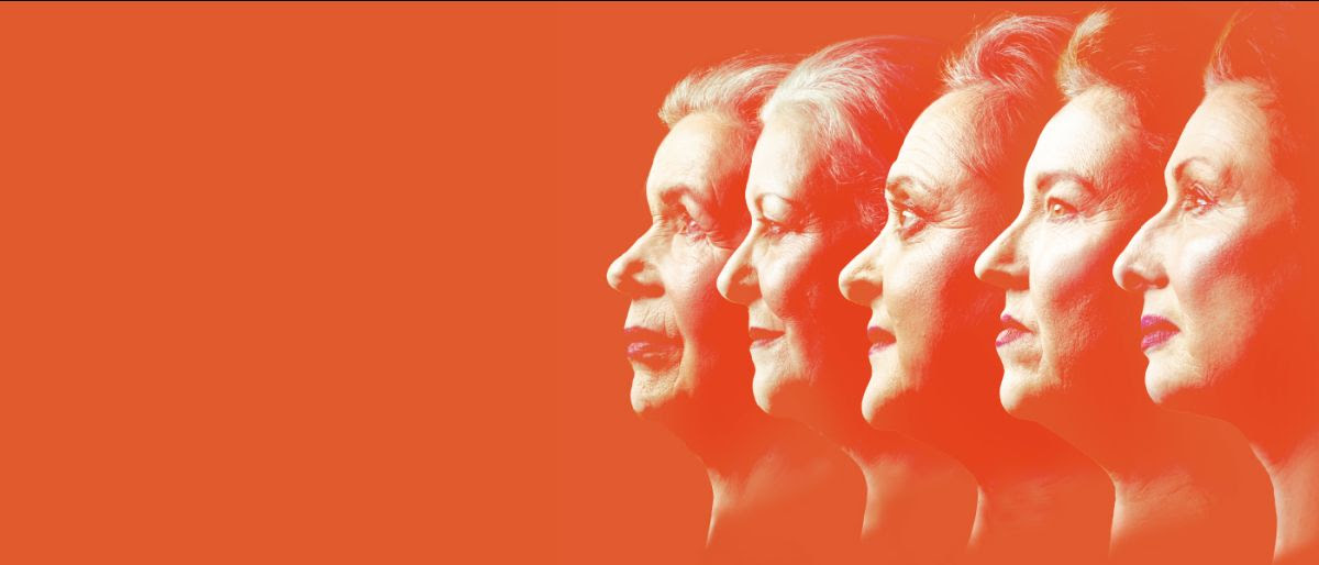 Against a dark-orange background, five women, seen in profile, stare into the distance.