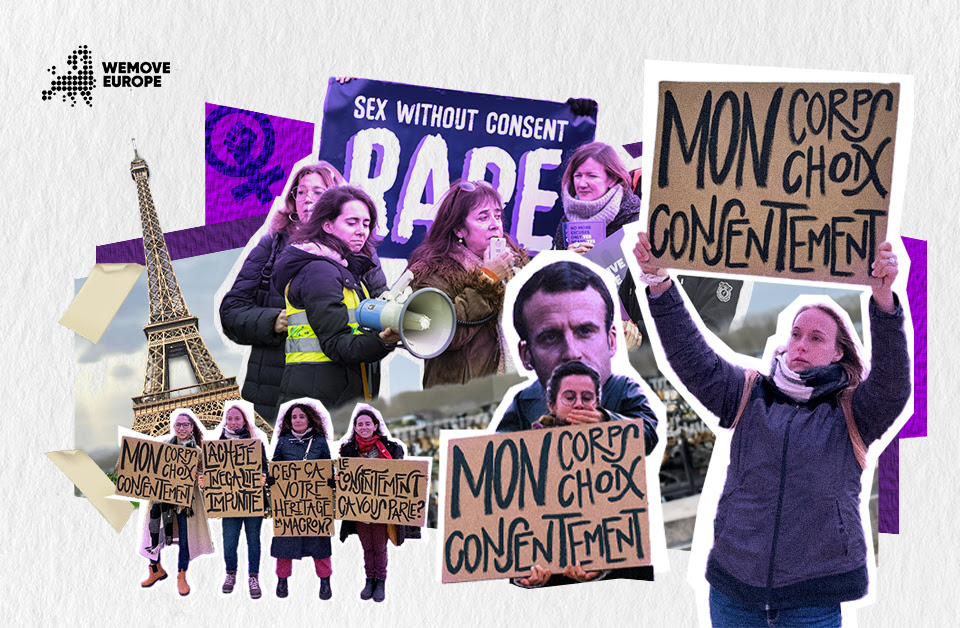 Collage d'activistes et de partenaires de WeMove pendant des manifestations contre les violences faites aux femmes