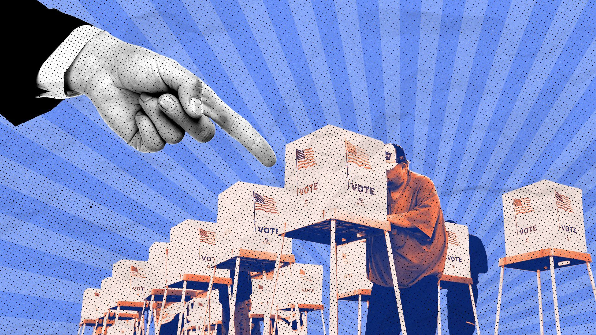 Photo illustration of a giant hand in a suit pointing at a line of American voters