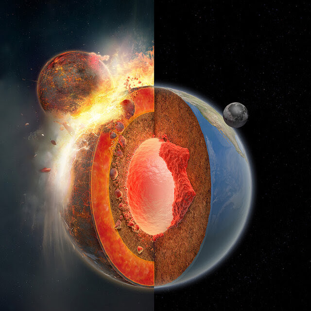 An illustration of Earth's globe in cross section divided in half, with a large fiery object colliding into Earth’s surface and spreading debris everywhere on the left side, and the moon orbiting the planet on the right side.