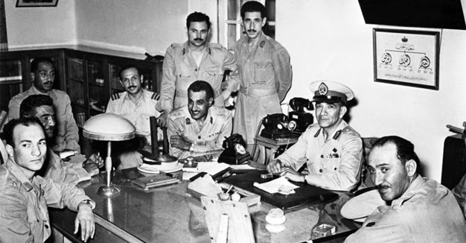 Leading members of The Free Officers Movement soon after overthrowing the Egyptian monarchy in 1952. Gammal Abdel Nasser is third from right (sitting).