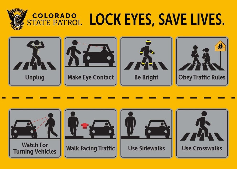 graphic showing to make eye contact with drivers before crossing the street