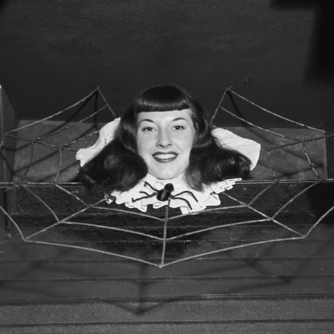 Photograph of a woman's head floating in a spider web