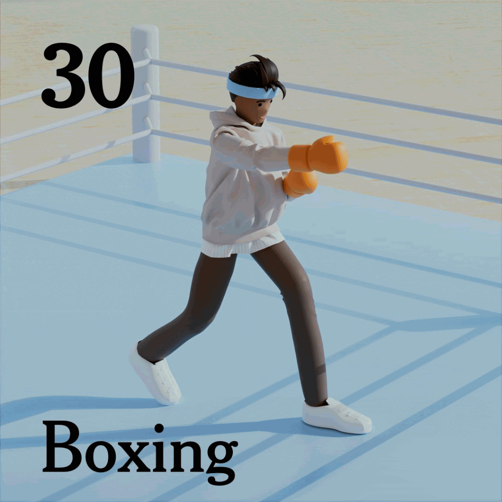 An animation of a person boxing, doing ballet, playing tennis, playing basketball, running and doing yoga. 