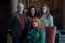 Michael Sheen, Honor Swinton Byrne, Sofia Oxenham and Claire Rushbrook in A Very Royal Scandal gathered to pose for a picture