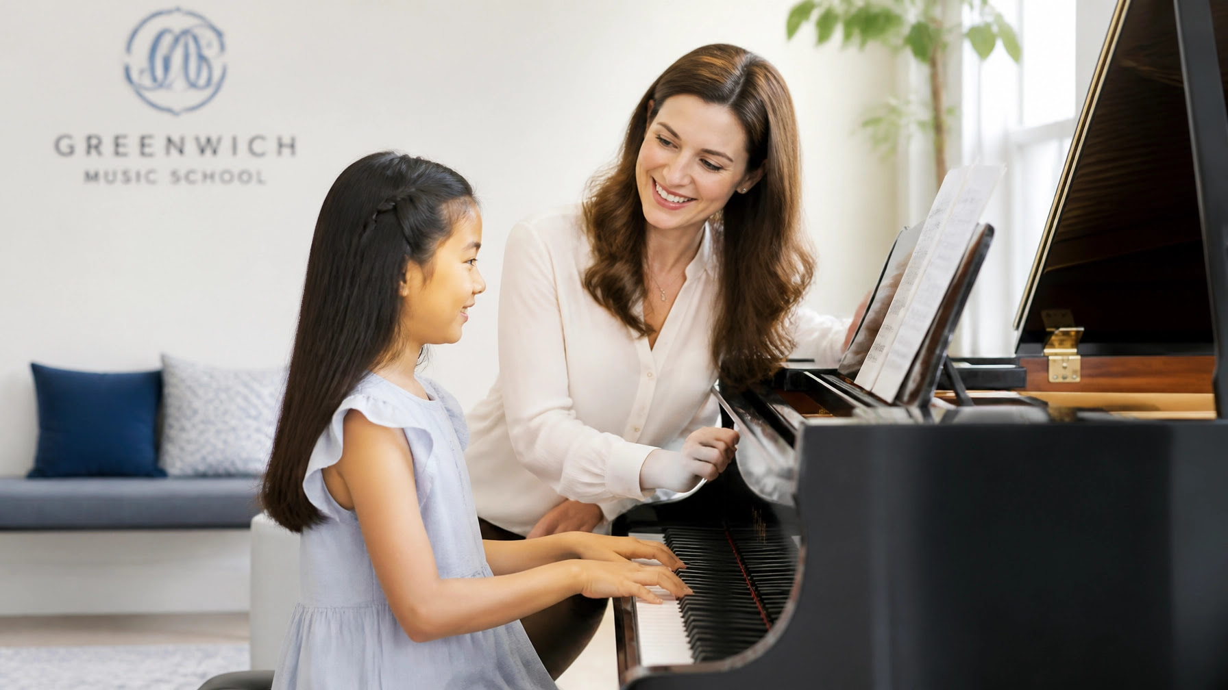A high-quality, professional, minimalist photo of a piano instructor encouraging a young student at a piano in a bright and airy studio, with natural lighting and soft blue accents. A high-quality, professional, minimalist photo of a piano instructor encouraging a young student at a piano in a bright and airy studio, with natural lighting and soft blue accents.