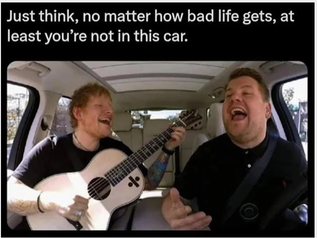Meme ridiculing singing music in car.