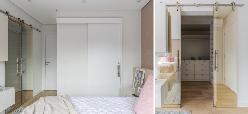 Neste quarto com closet, que foi feito para uma senhora na terceira idade, o porcelanato que simula a madeira deixa o ambiente gostoso, como propicia segurança para evitar quedas | Projeto BMA Studio | Foto: Guilherme Pucci