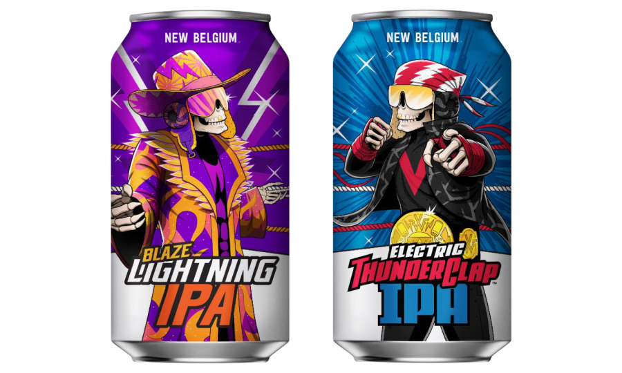 Two New Belgium IPA cans featuring characters from the Voodoo Ranger series. On the left is the Blaze Lightning IPA can, with a skeleton dressed in a flashy purple and orange suit and hat, complete with lightning bolt designs. On the right is the Electric Thunderclap IPA can, showing a skeleton in a black and red jacket with a red headband, posed confidently. Both characters are depicted in a boxing ring, each with bold, dynamic colors matching their respective IPA styles. The New Belgium logo appears at the top of each can.